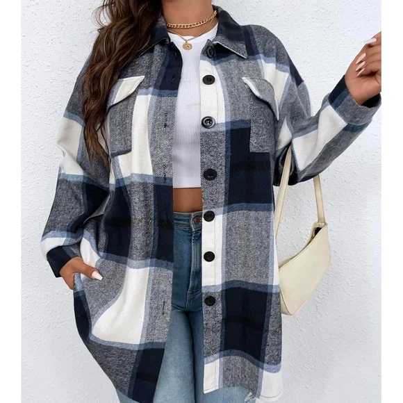 Plus Plaid Print Button Down jacket Shacket - Picture 6 of 10